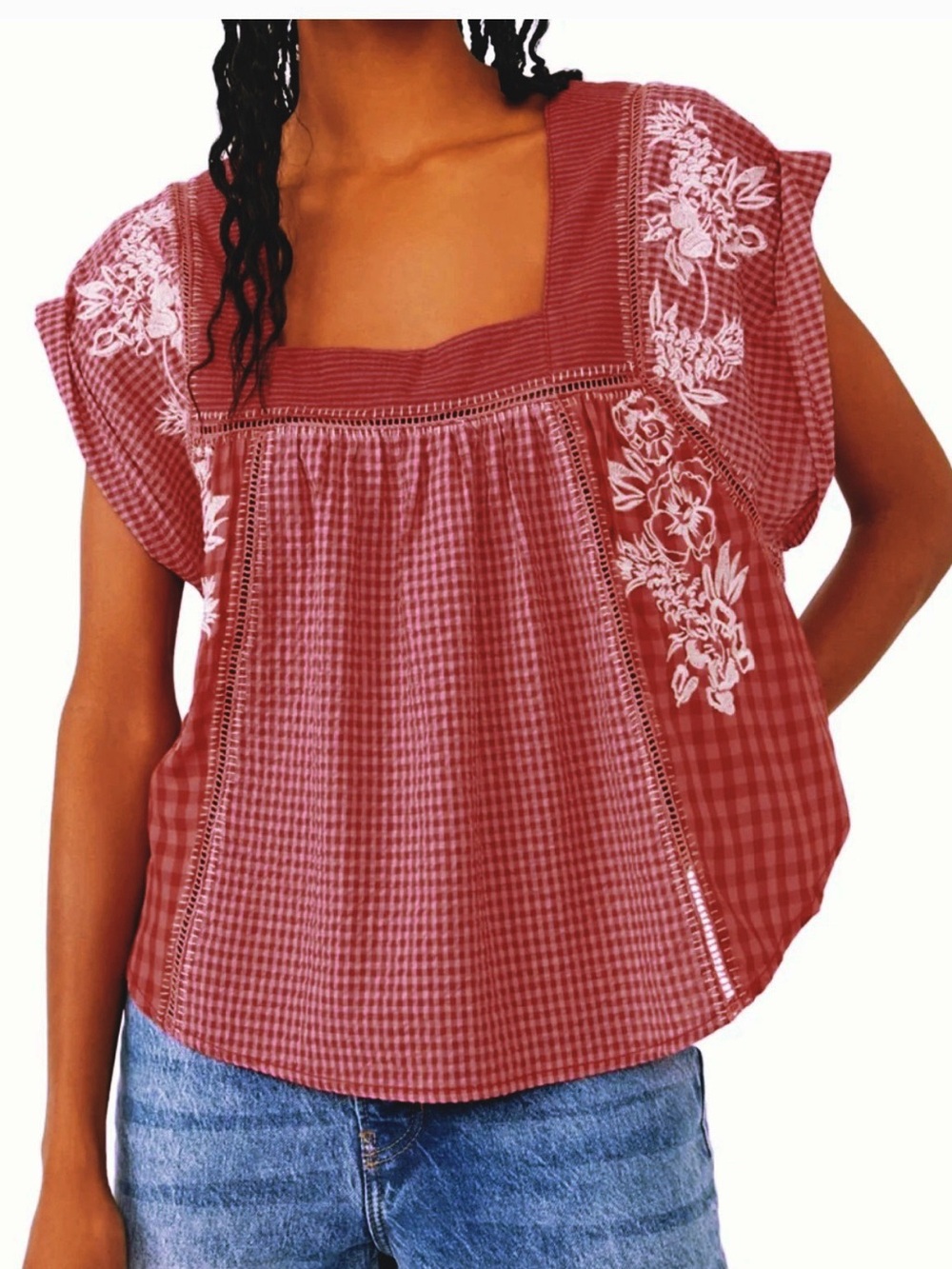 FREE PEOPLE HALF MOON EMBROIDERED TOP CHERRY WHITE SMALL LARGE - Picture 2 of 8